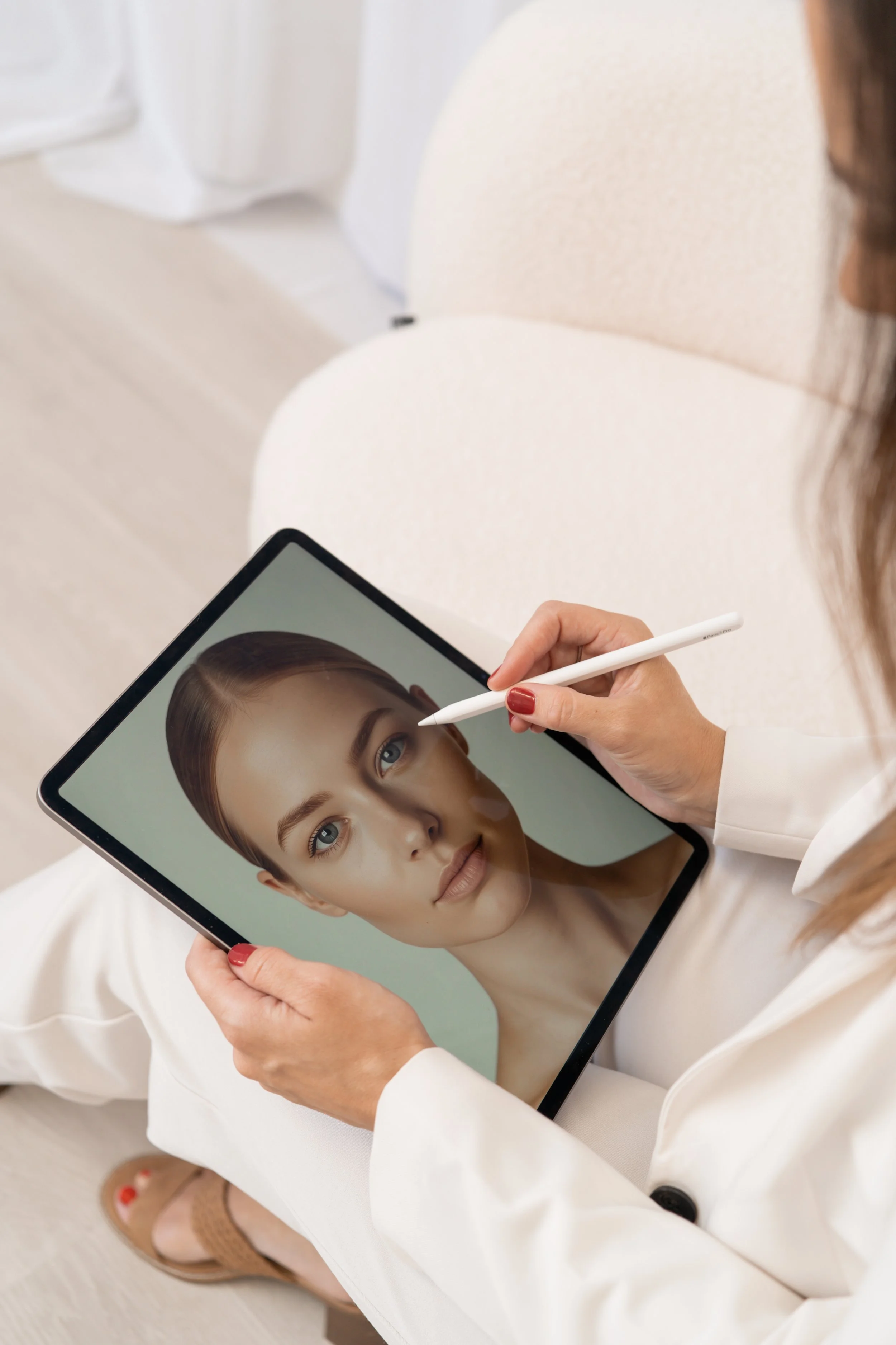 A woman holding a digital tablet with a portrait of a woman on the screen, using a stylus to draw or edit the image.