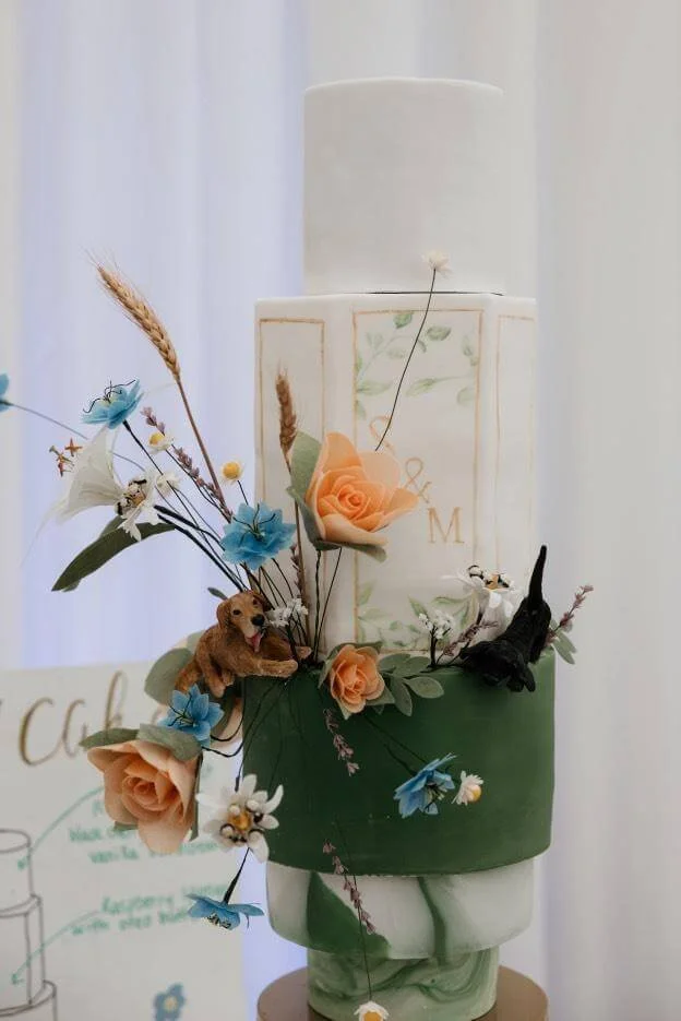 Three-tiered wedding cake decorated with floral accents