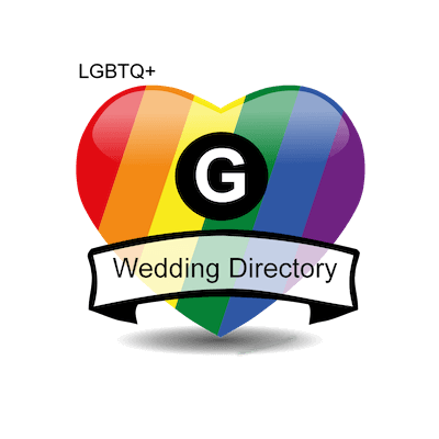 Heart-shaped logo with rainbow colors and a black circle with the letter G in the center, below it a white banner with 'Wedding Directory' written on it.