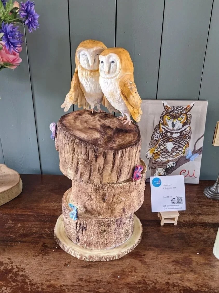 Sculpted cake of two owls perched on a tree stump, with a butterfly on the side of the stump