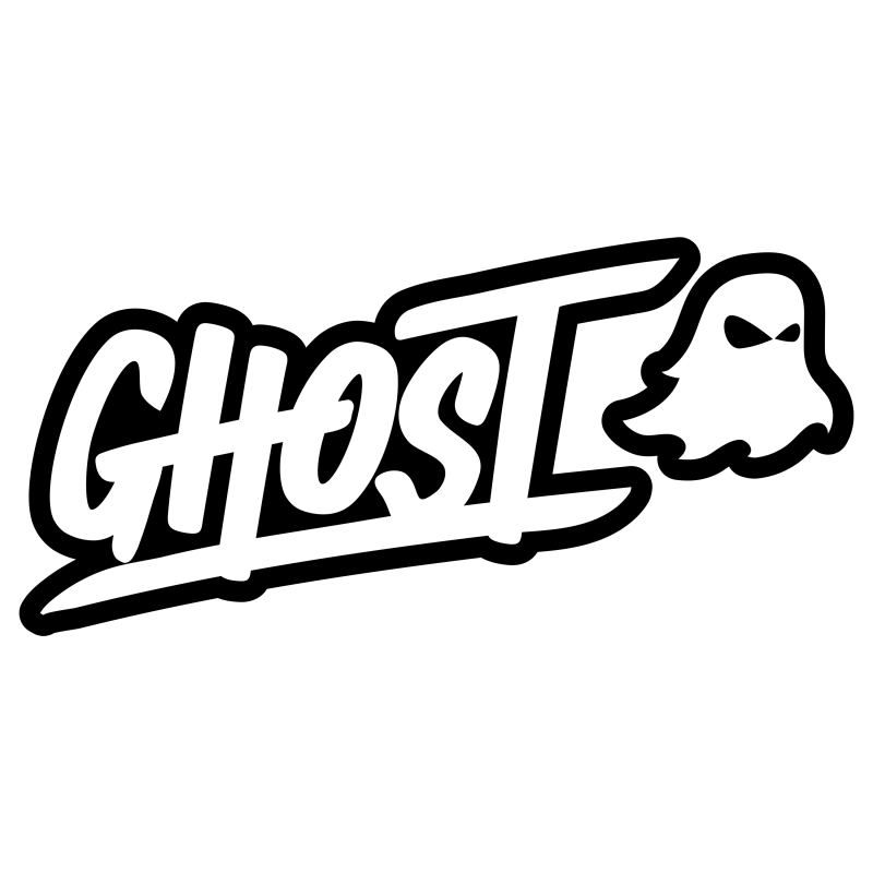 Black background with white stylized text saying 'GHOST' and a cartoon ghost figure with sunglasses.