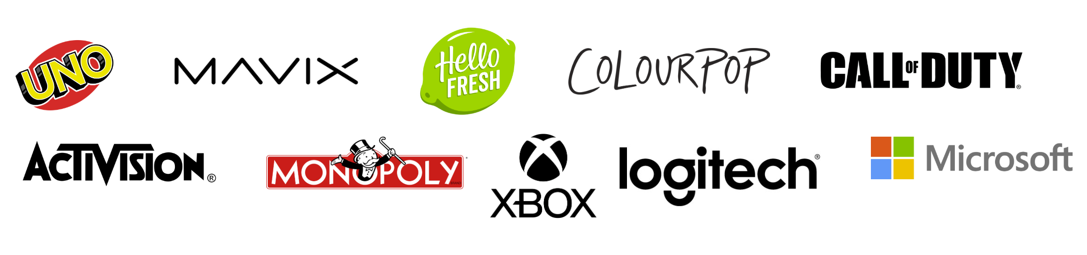 Collection of logos from popular brands including UNO, Mavix, Hello Fresh, Colourpop, Call of Duty, Activision, Monopoly, Xbox, Logitech, and Microsoft.