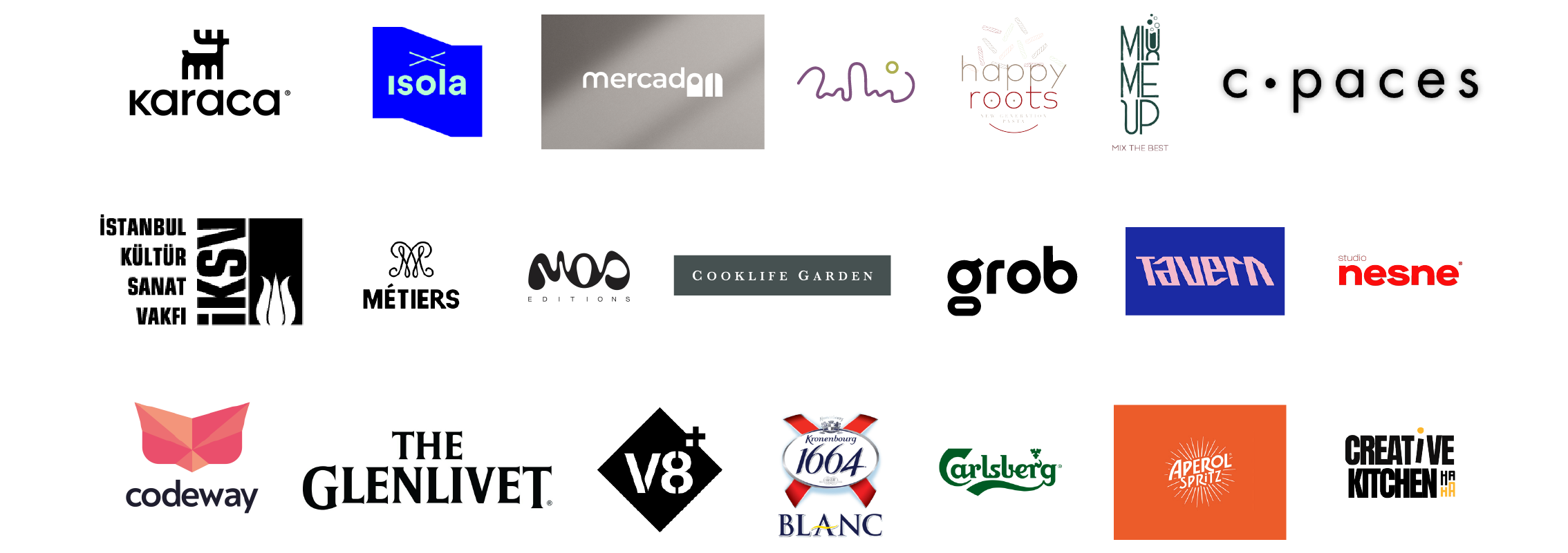 A collage of multiple different brand logos arranged in rows on a white, gray, and orange background.