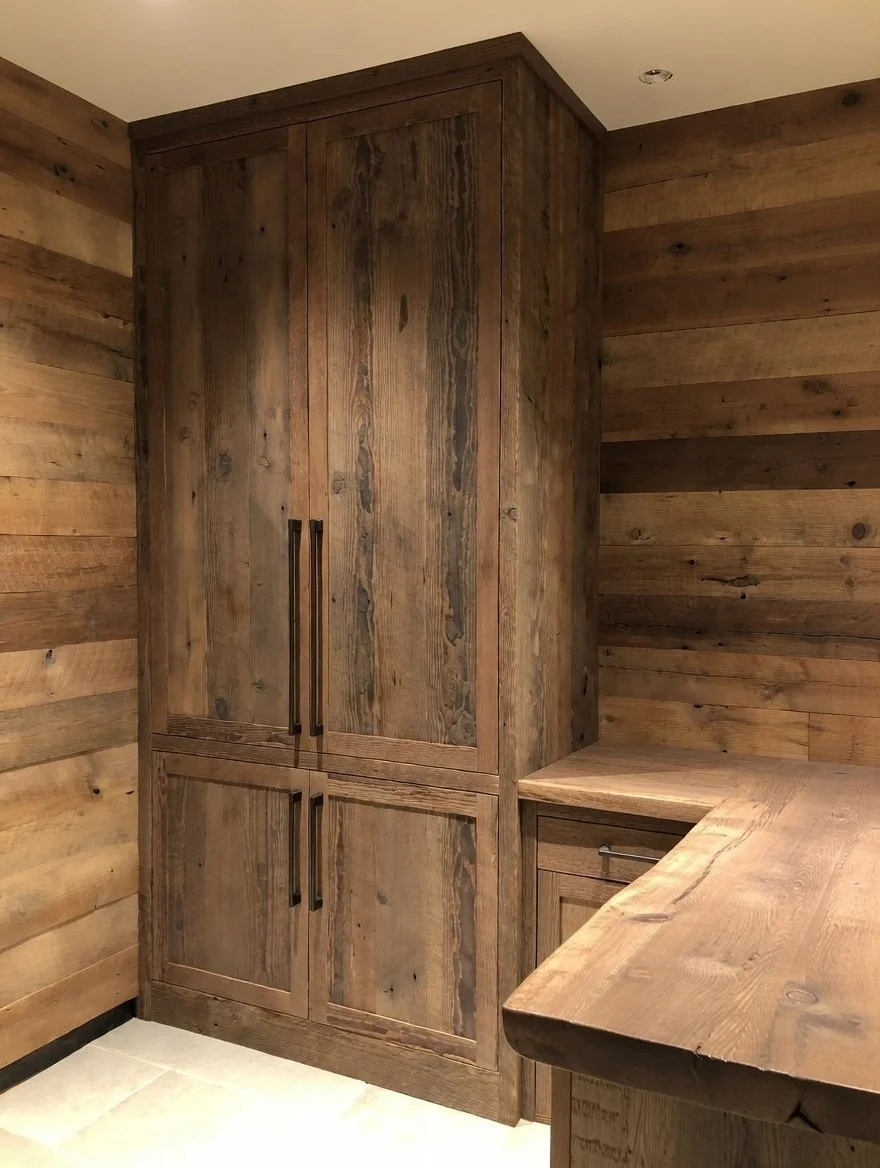 Wooden kitchen cabinet and countertop with wood-paneled wall behind.