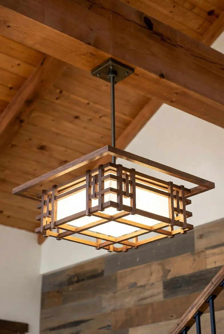 Wooden geometric pendant light fixture hanging from a wooden ceiling in a rustic interior.