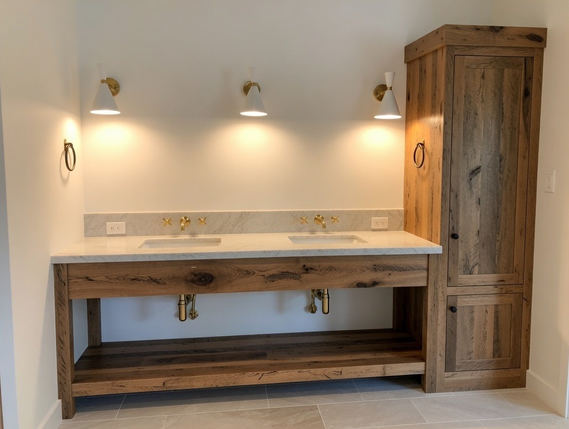A bathroom vanity with two sinks, gold fixtures, and wooden cabinets with a marble countertop, against a white wall with three wall-mounted lights.