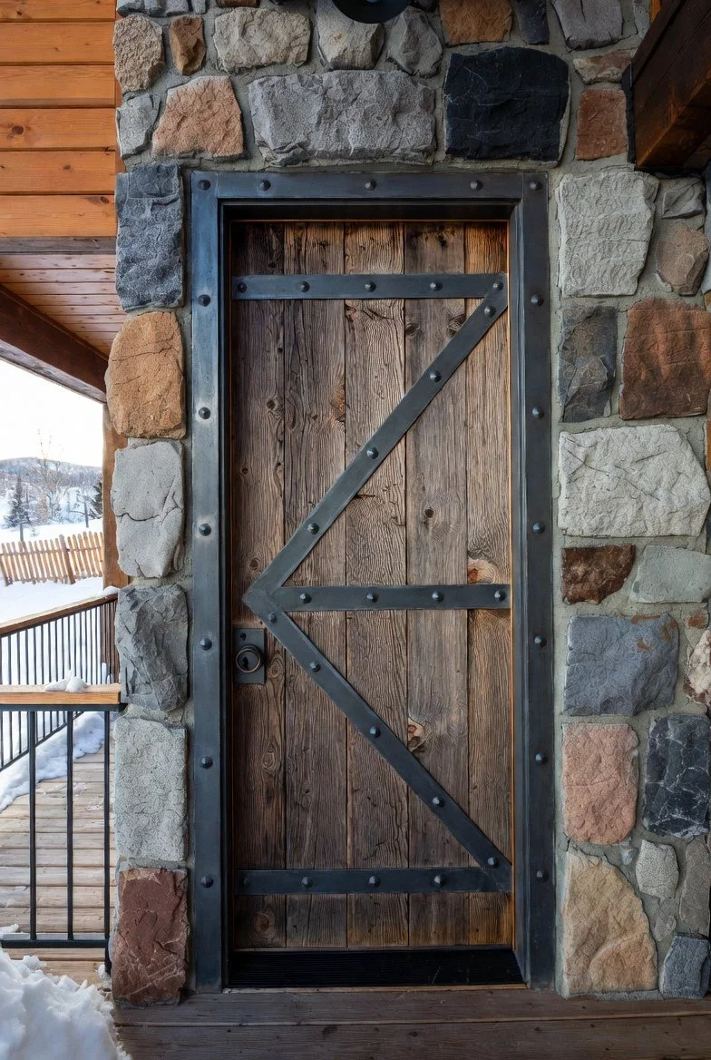 A rustic door made of wooden planks with metal framing and diagonal accents, set in a stone wall, on a porch with a snowy outdoor scene visible in the background.