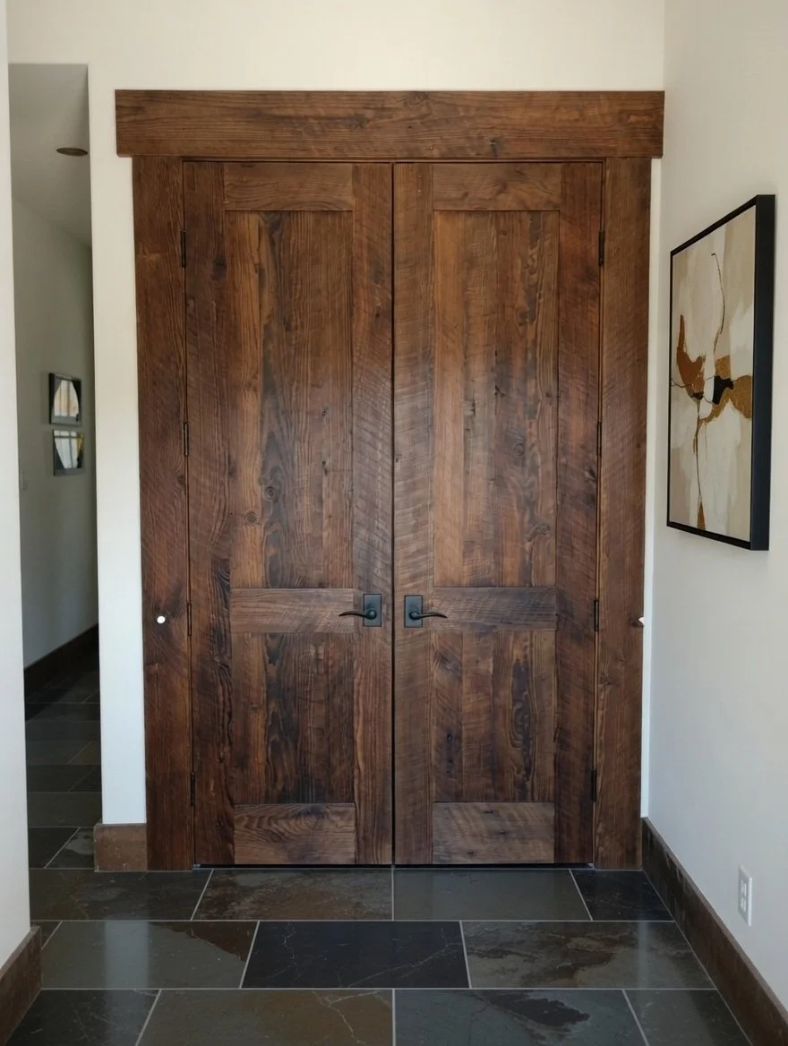 Wooden double doors with black handles inside a room with dark tiled floor and white walls, with artwork hanging on the right side.