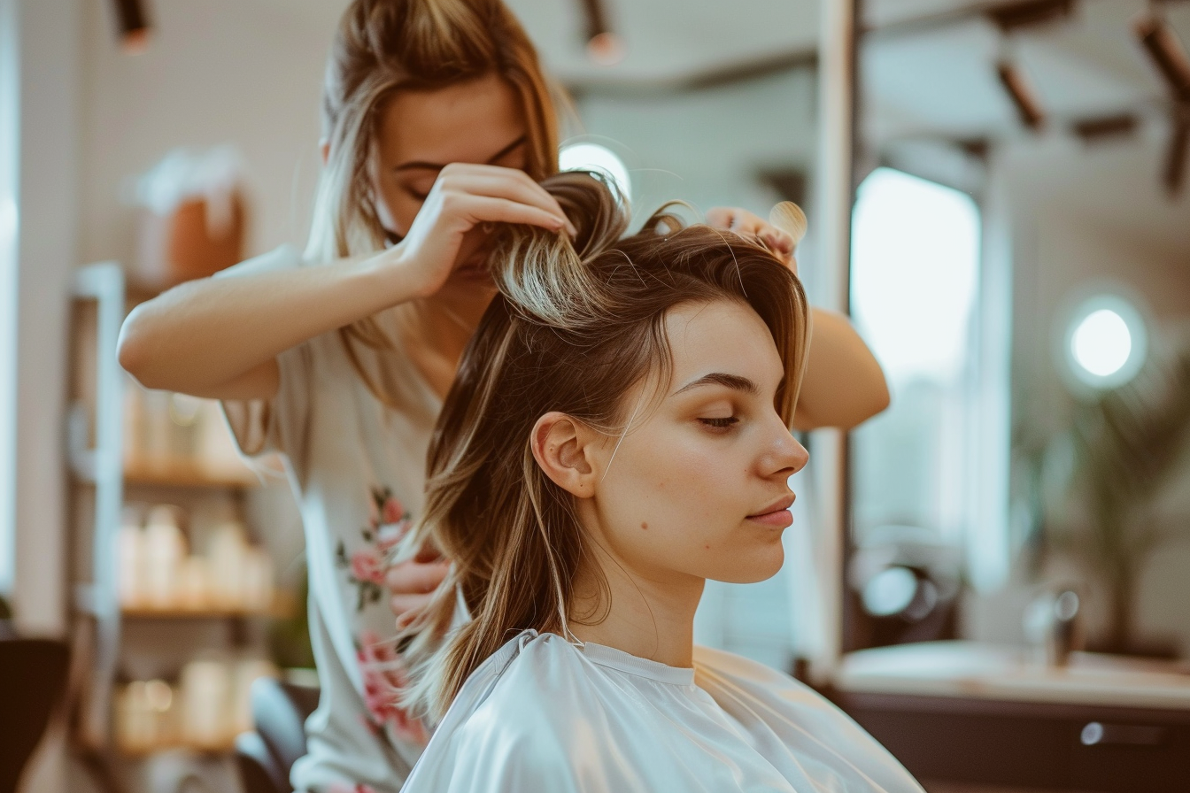 A woman with shoulder-length brown hair sitting in a salon chair having her hair styled by a hairstylist.