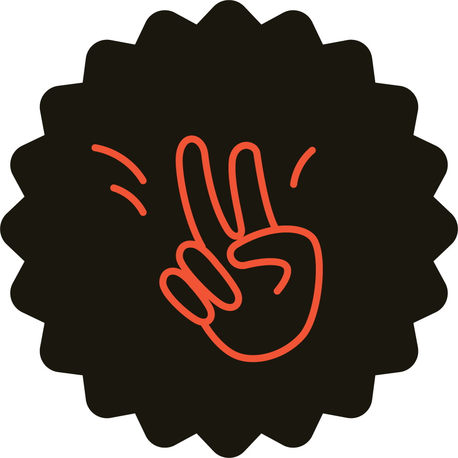 Illustration of a hand showing a peace sign against a dark, spiky circular background.