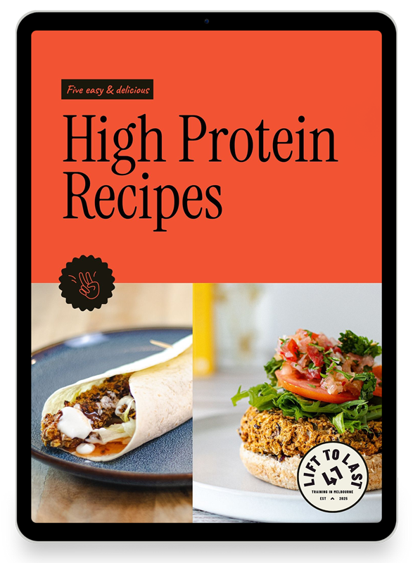 E-book cover displaying the title "High Protein Recipes" with a subtitle "Five easy & delicious" and images of a wrap and a veggie burger on a black tablet.