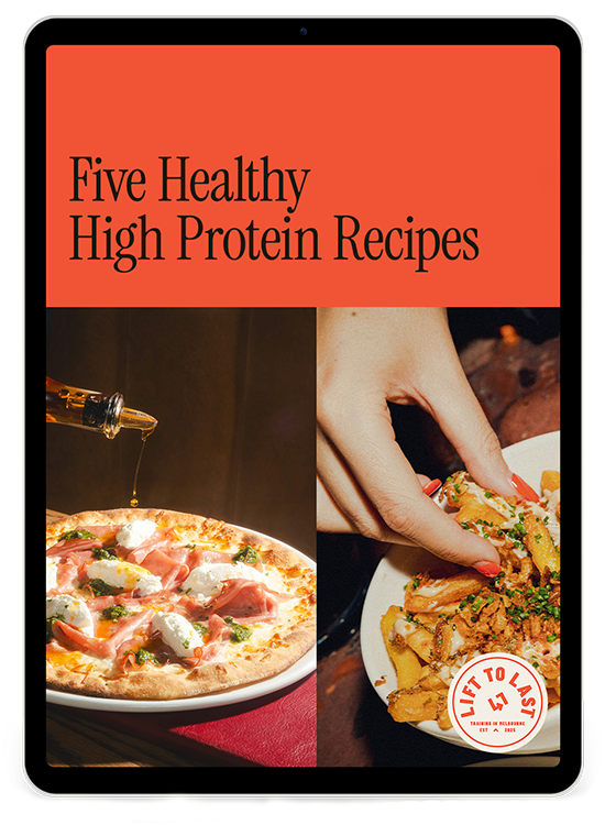 Cover of a digital recipe book titled "Five Healthy High Protein Recipes" showing a pizza with toppings and a hand holding a fork and eating a plate of food, with a red and black color scheme.