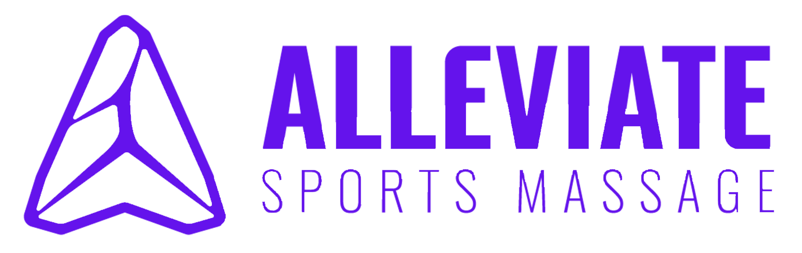 Logo for Allegiate Sports Massage featuring a stylized purple arrowhead and the words "ALLEVIATE SPORTS MASSAGE" in purple text.