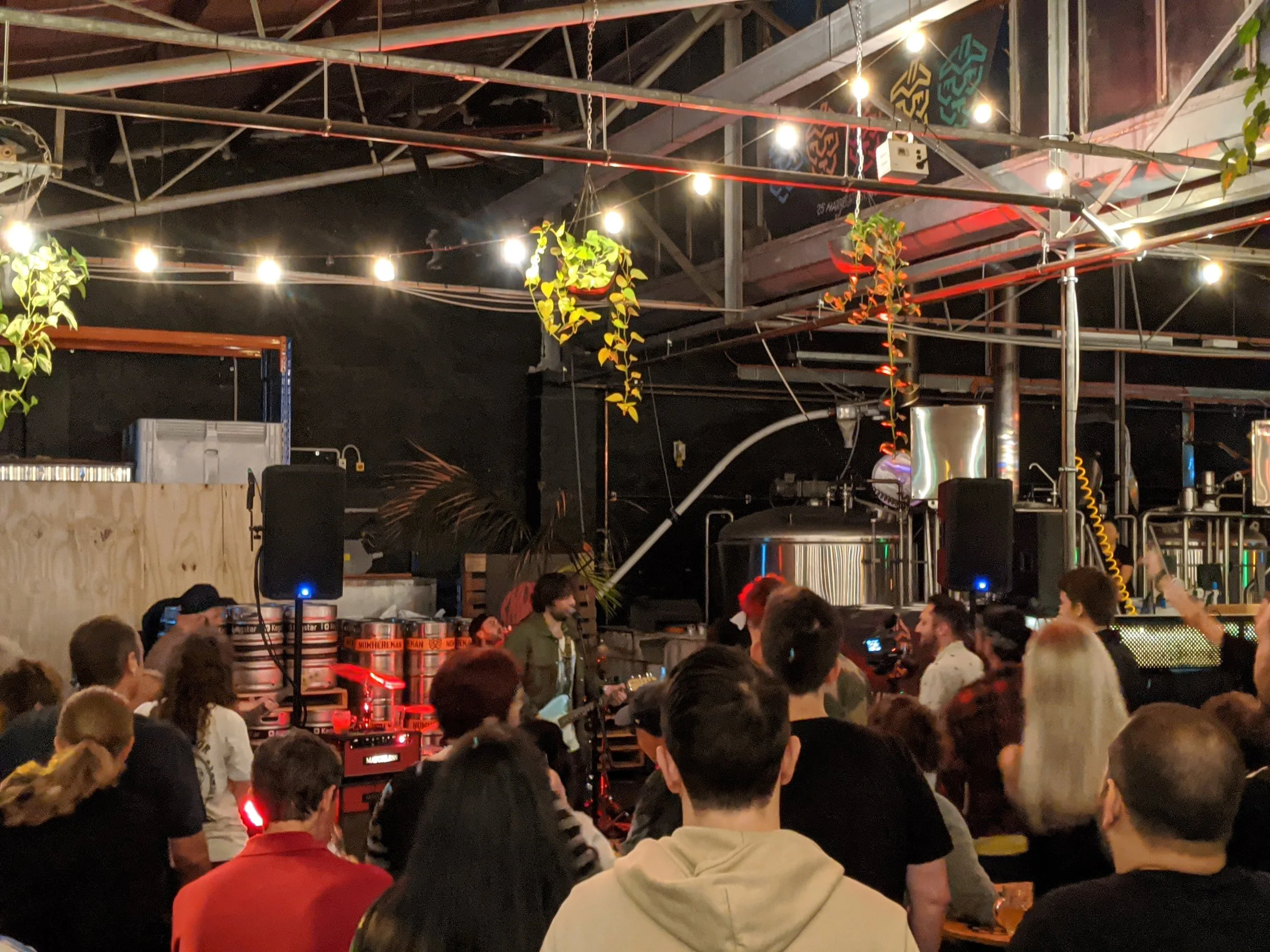 A live performance in a brewery with a band playing on stage, surrounded by a crowd of people, beer tanks, and industrial decor, under string lights and hanging plants.