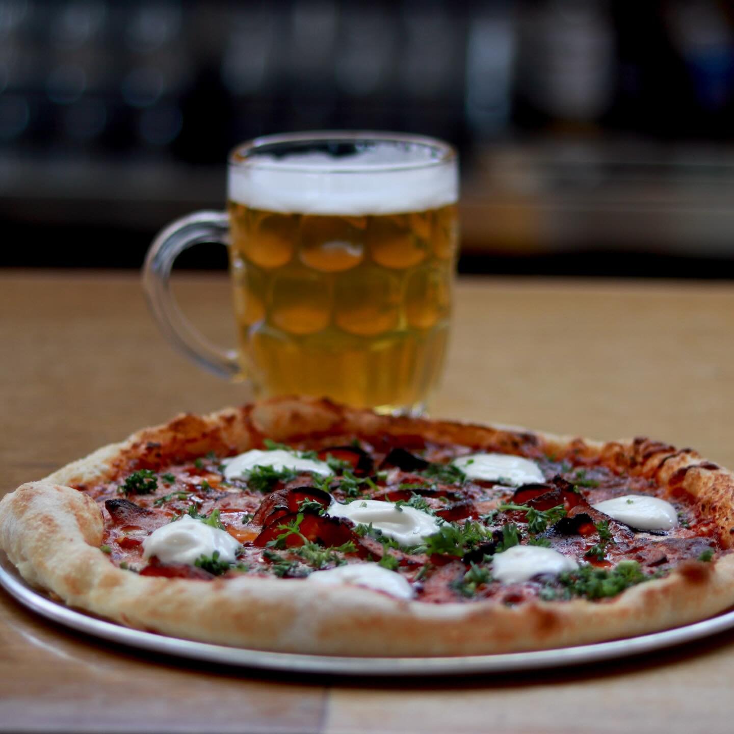 Fun facts:
Both pizza and beer contain umami flavors, which combine to create a mouthwatering experience. This Mortadella Pizza with its creaminess of whipped Ricotta and a soft sweet finish with a drizzle of hot honey is enriched by the hop profile 