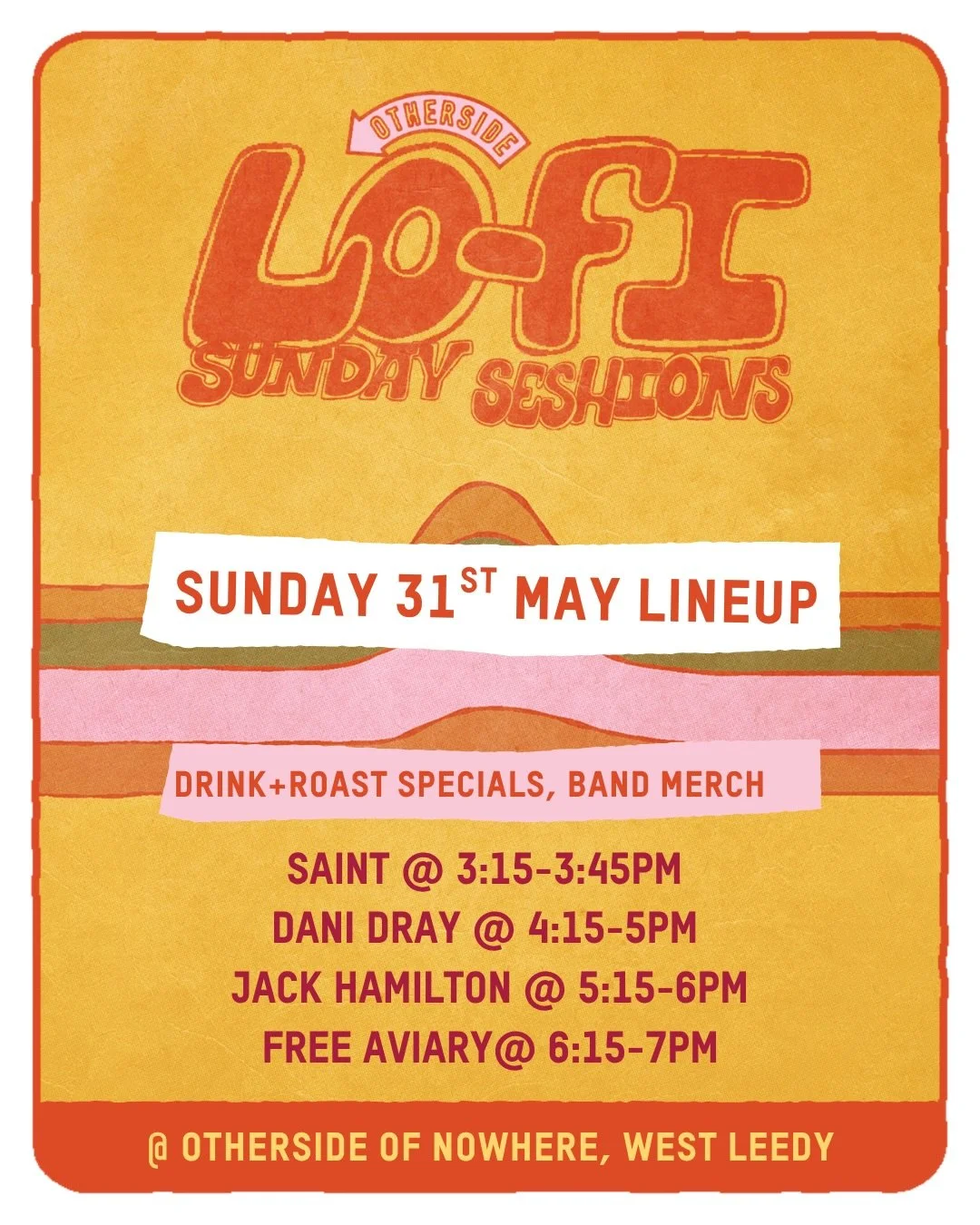 Lineup for this Sunday!!! Perfect way to start the long weekend. 3-7pm once again. Drink specials, roast and band merch available. See you there!!