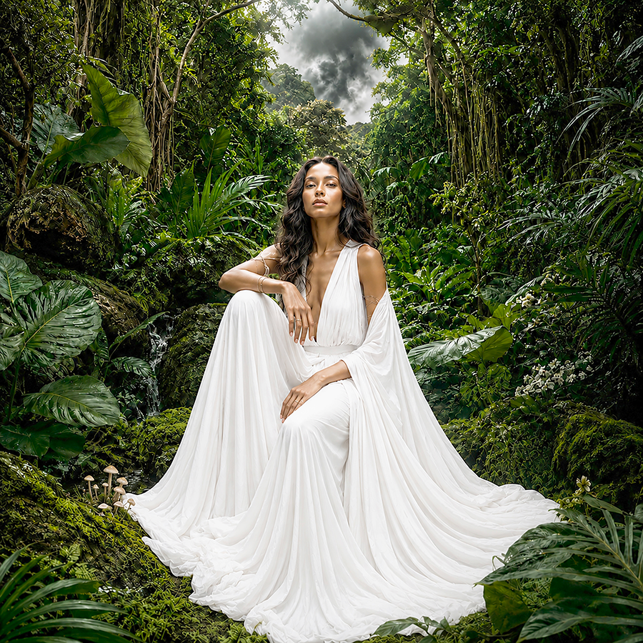 I Have Time by Visa Run Orchestra — woman in a flowing white dress seated in a lush tropical forest beneath pollution clouds.