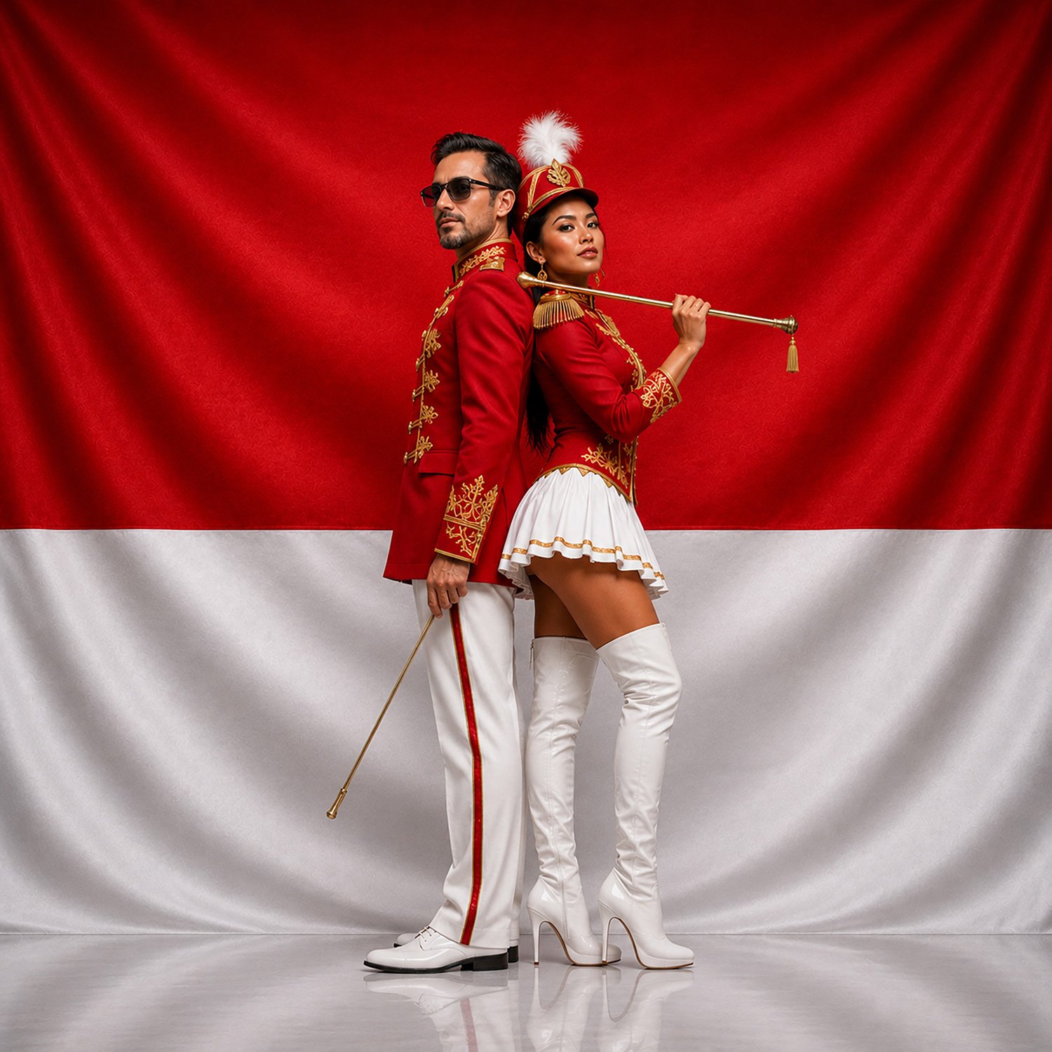 Parade 16Ø56 by Visa Run Orchestra — man and woman in red-and-white ceremonial parade uniforms before the Indonesian flag.