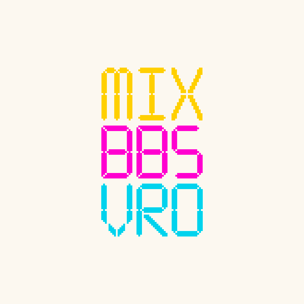 Bali Bule Society Mixes by Visa Run Orchestra — minimalist pixel typography reading MIX BBS VRO in yellow, pink and turquoise.