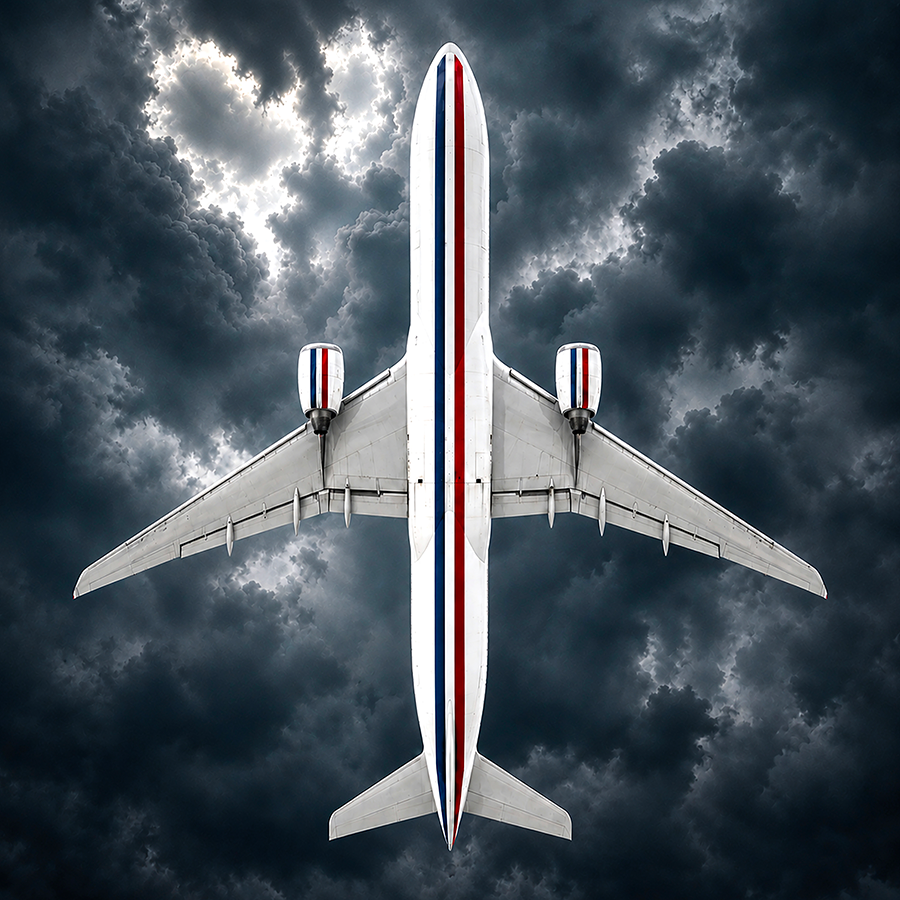 L’Étranger by Visa Run Orchestra — passenger plane marked with the French tricolour flying beneath dramatic storm clouds.