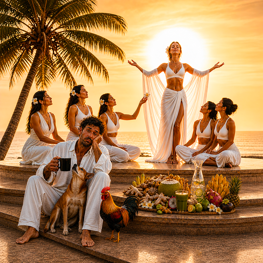 My Healthy Sunrise by Visa Run Orchestra — tropical wellness ritual at sunrise with a spiritual leader, followers, fruit and animals.