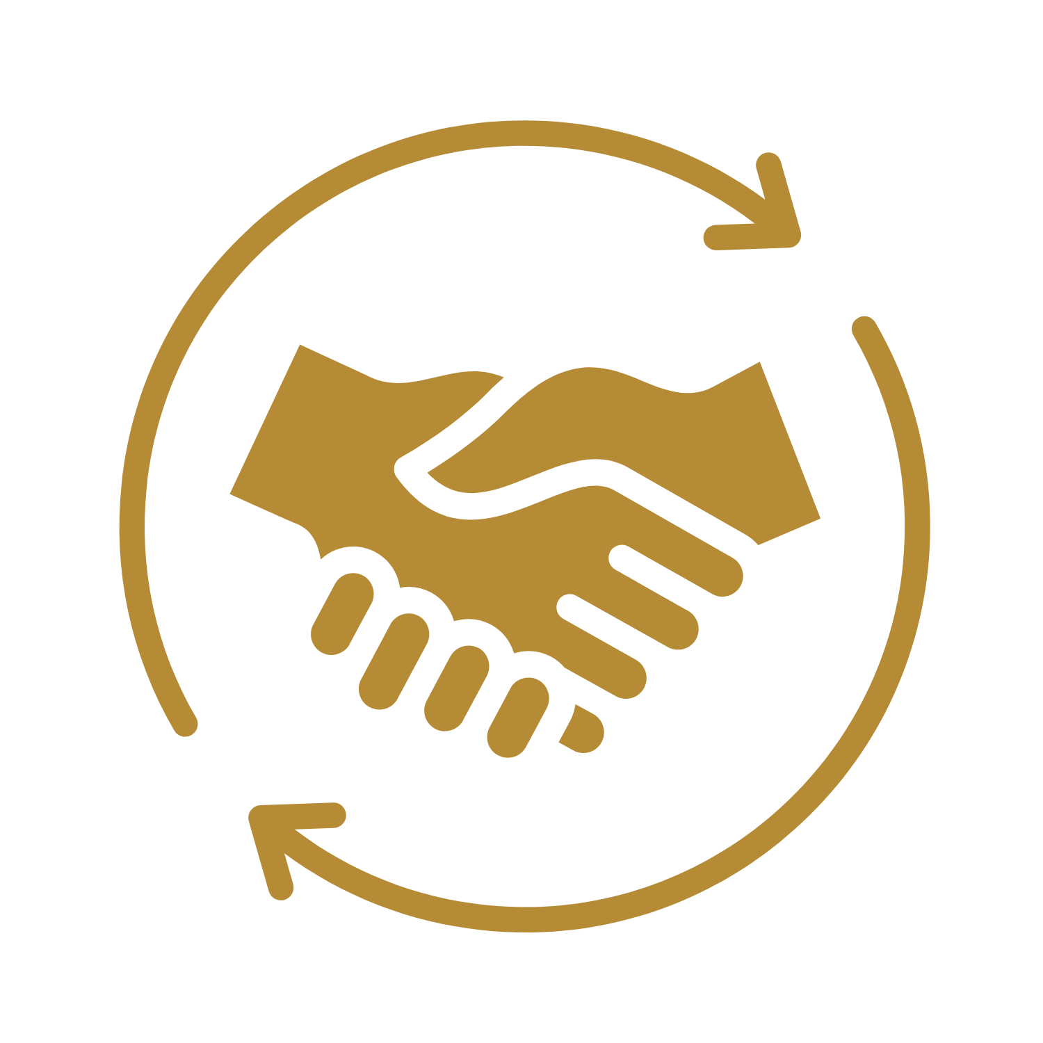 Gold handshake icon surrounded by a circular arrow, symbolic of partnership or agreement.