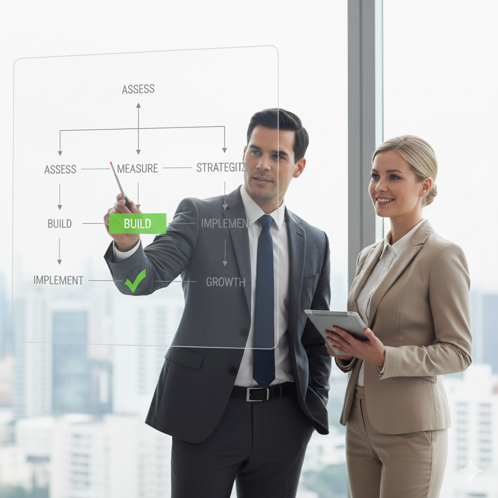 Business professionals working on a flowchart about building and implementing growth strategies, with one man pointing at the diagram and a woman holding a tablet while standing in a modern office with cityscape view.