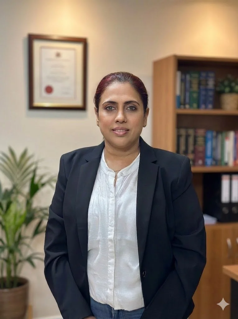 A professional woman in a black blazer and white shirt standing indoors with a bookshelf and a framed certificate on the wall behind her.