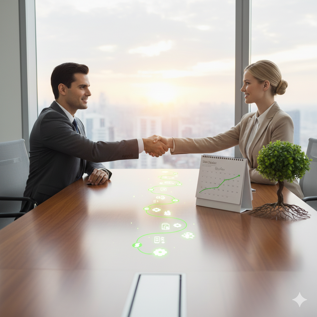 Two business professionals shaking hands across a conference table in a modern office with large windows and a city view. A desk calendar and a potted plant are on the table.
