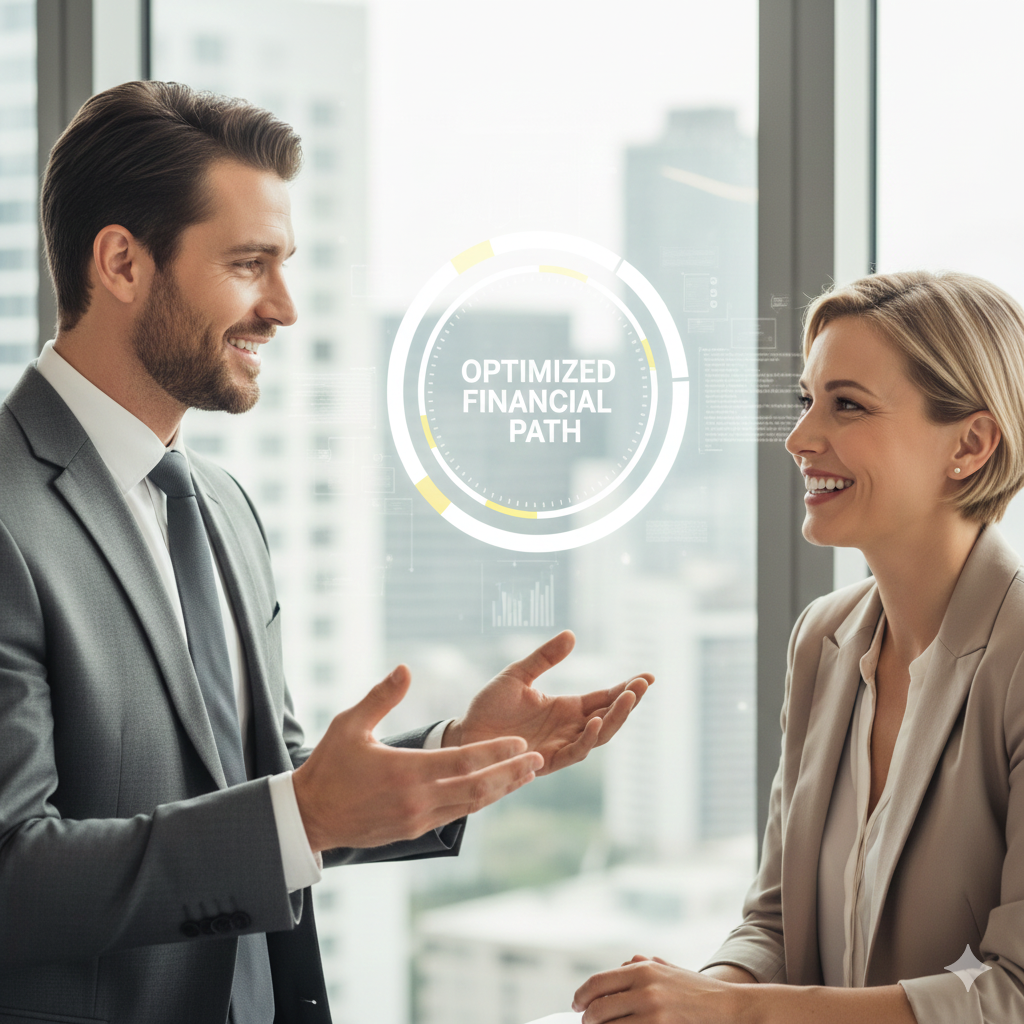A man and woman in business attire smiling and talking in an office with a city view behind them, with a virtual graphic displaying the words 'Optimized Financial Path' in front of a window.