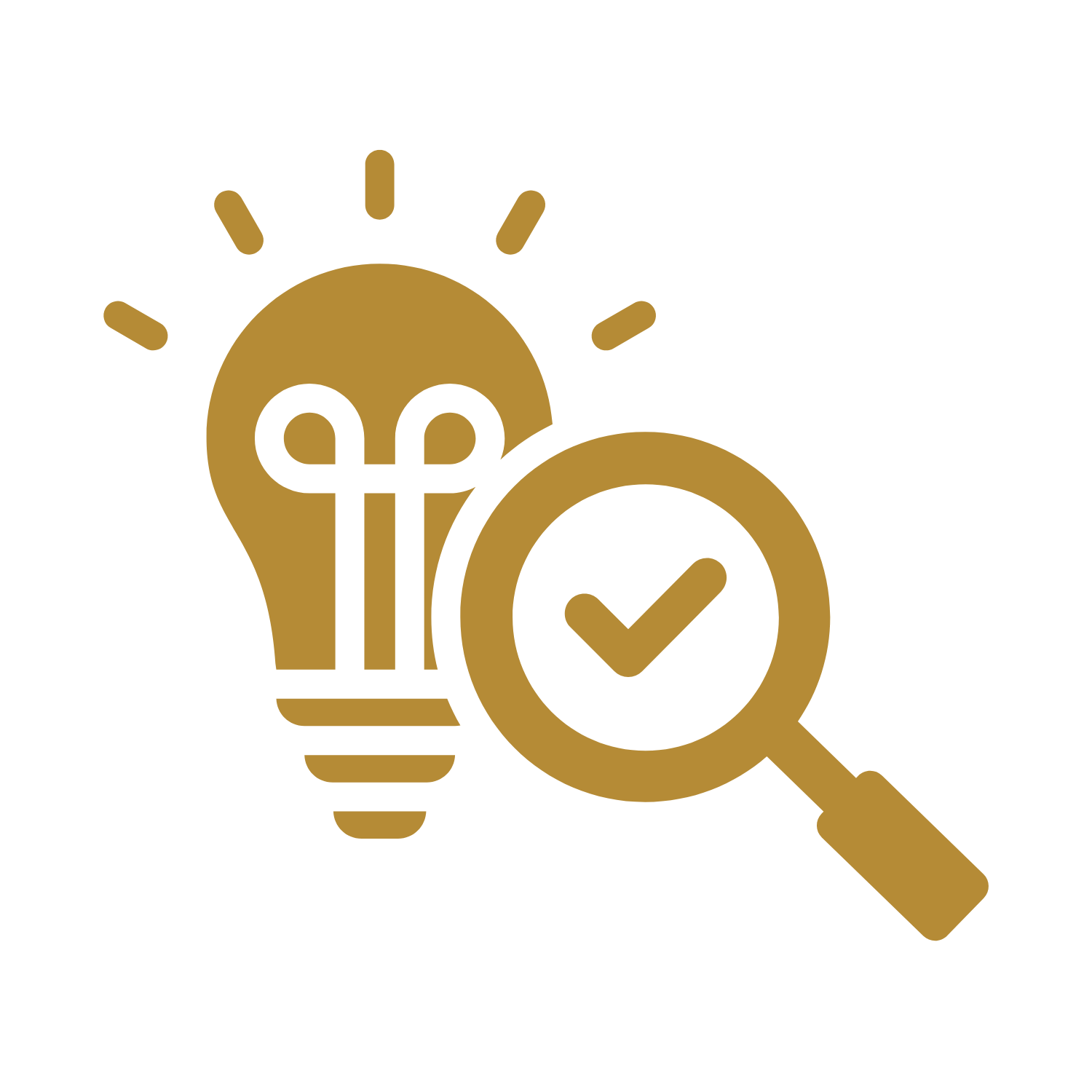 Gold illustration of a light bulb with a magnifying glass featuring a checkmark, symbolizing ideas and analysis.
