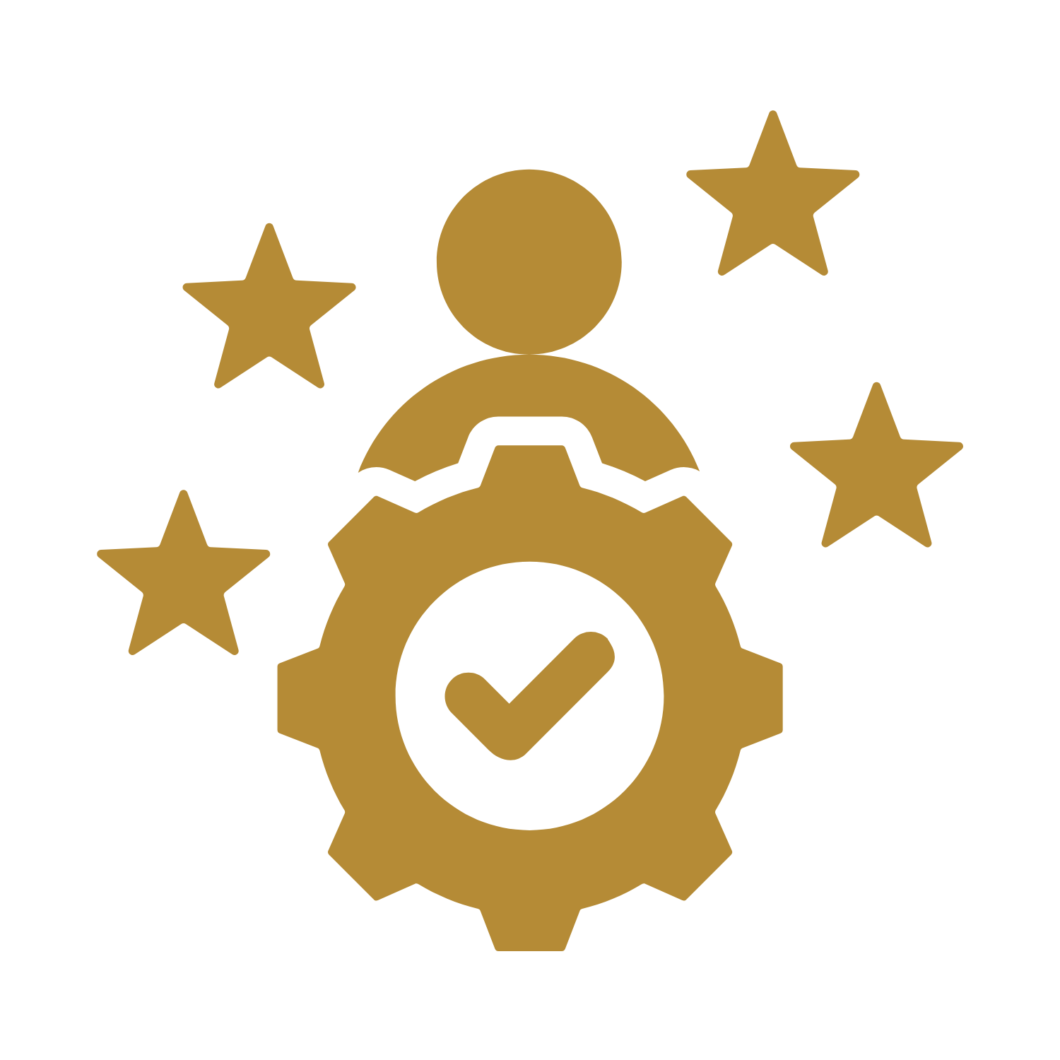 Icon of a person with five stars around it, a gear with a checkmark in the center, symbolizing quality, expertise, or approval.