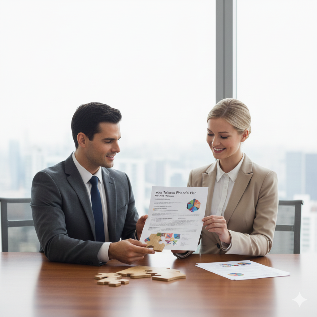 A man and woman in business attire sitting at a table in a modern office with a city skyline view, reviewing a financial plan document together.
