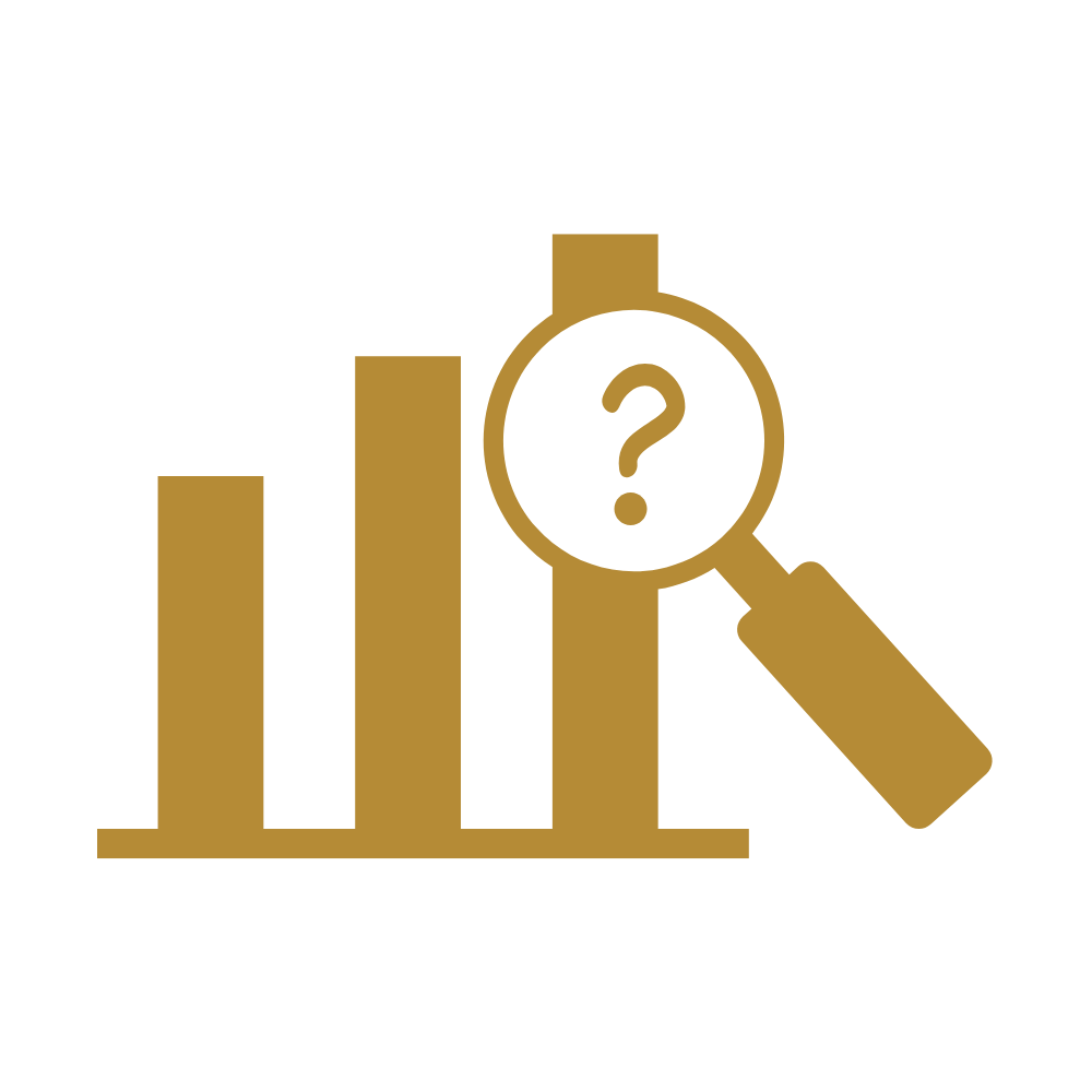 A bar graph with three vertical bars and a magnifying glass with a question mark examining the middle bar.