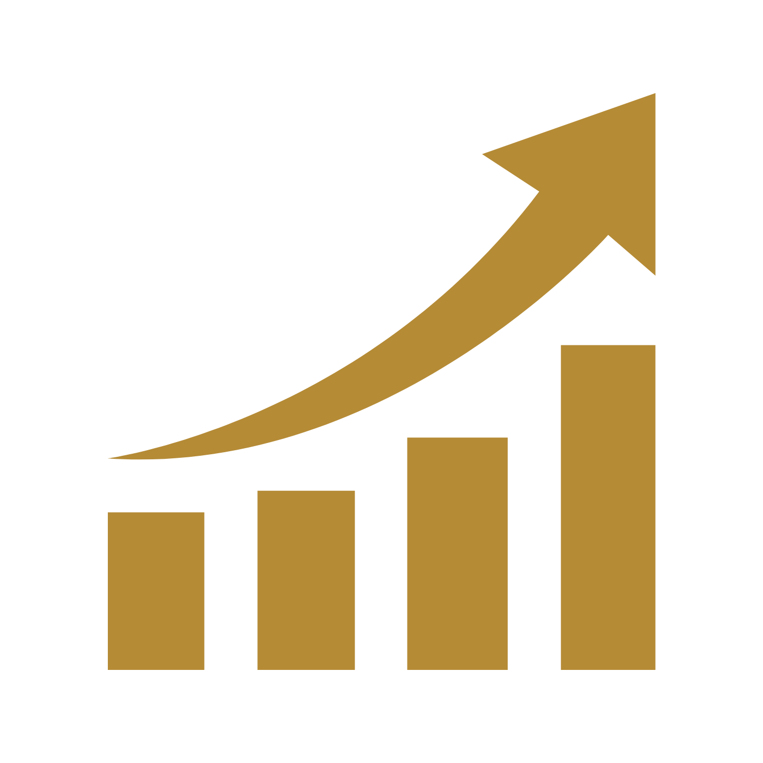 Gold bar chart with four bars increasing in height and a upward arrow indicating growth.