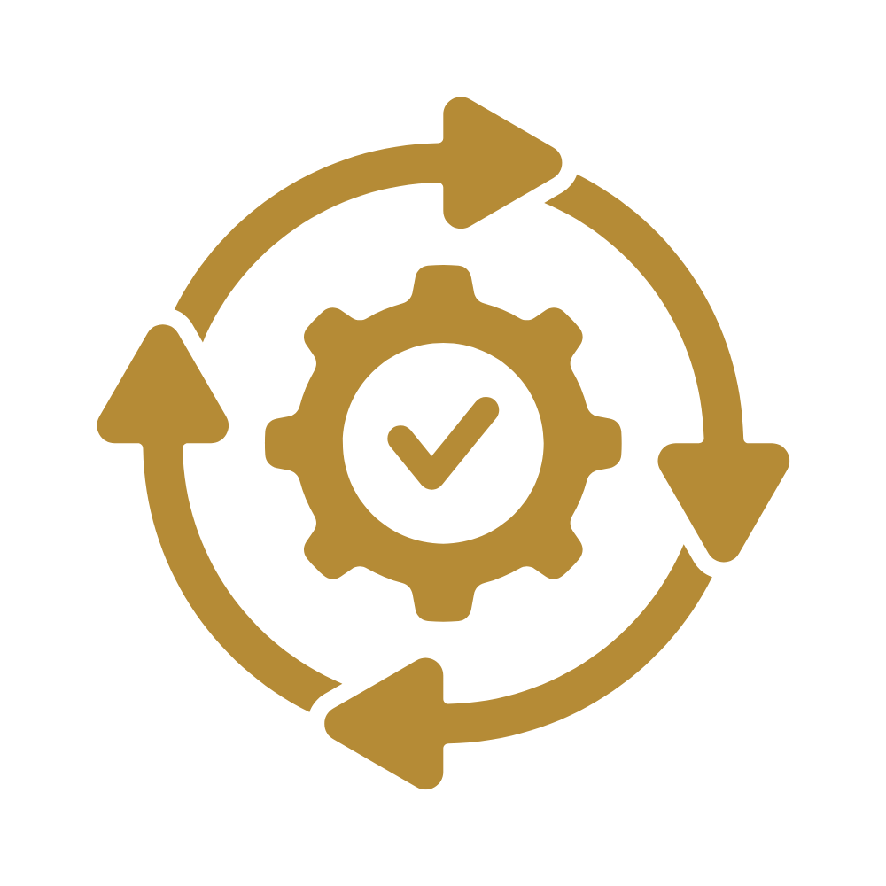 Gold gear with central check mark, surrounded by three circular arrows indicating a process or cycle.