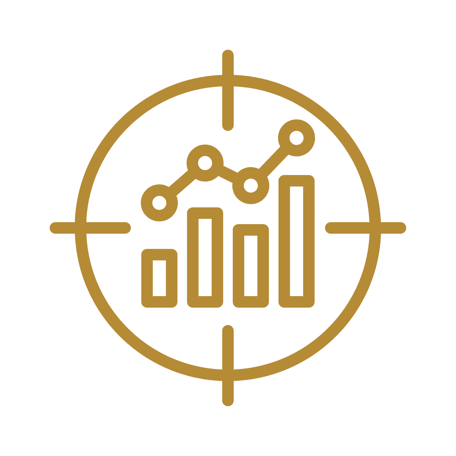 Gold icon of a target with bar and line graphs inside, representing data analysis or business growth.