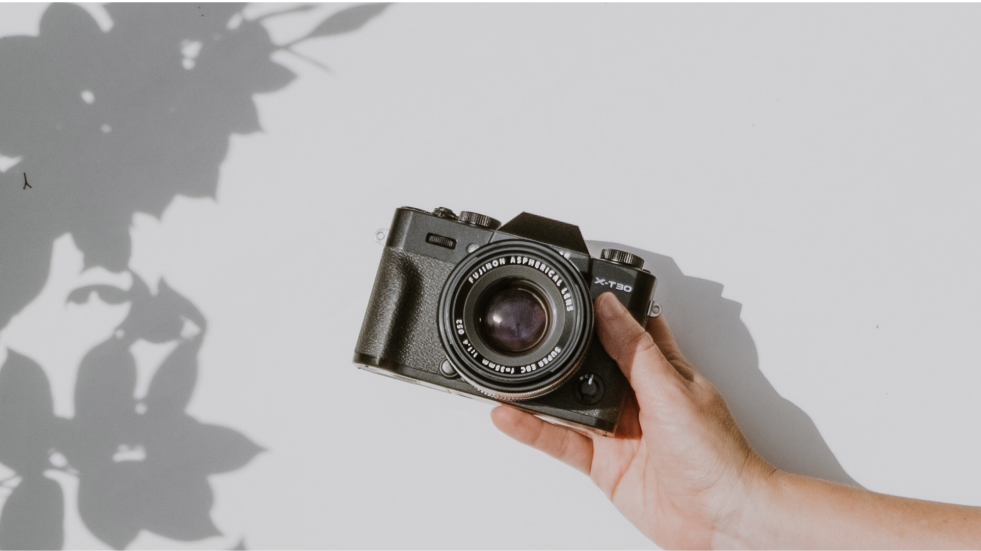 A hand holding a vintage black camera with a large lens against a white background, with shadows of leaves cast on the background.