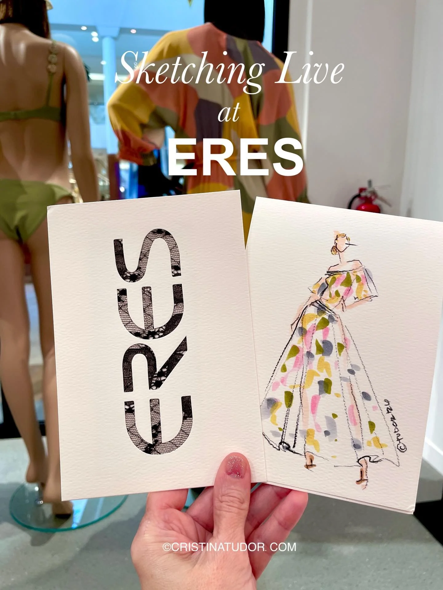 Merci, ERES! 🎨 Loved sketching live fashion illustrations at ERES South Coast Plaza to celebrate the boutique's anniversary! 💖 I sketched so many lovely ladies, in just 3-5 min. per person, on beautiful ERES-provided branded folding cards! I even g