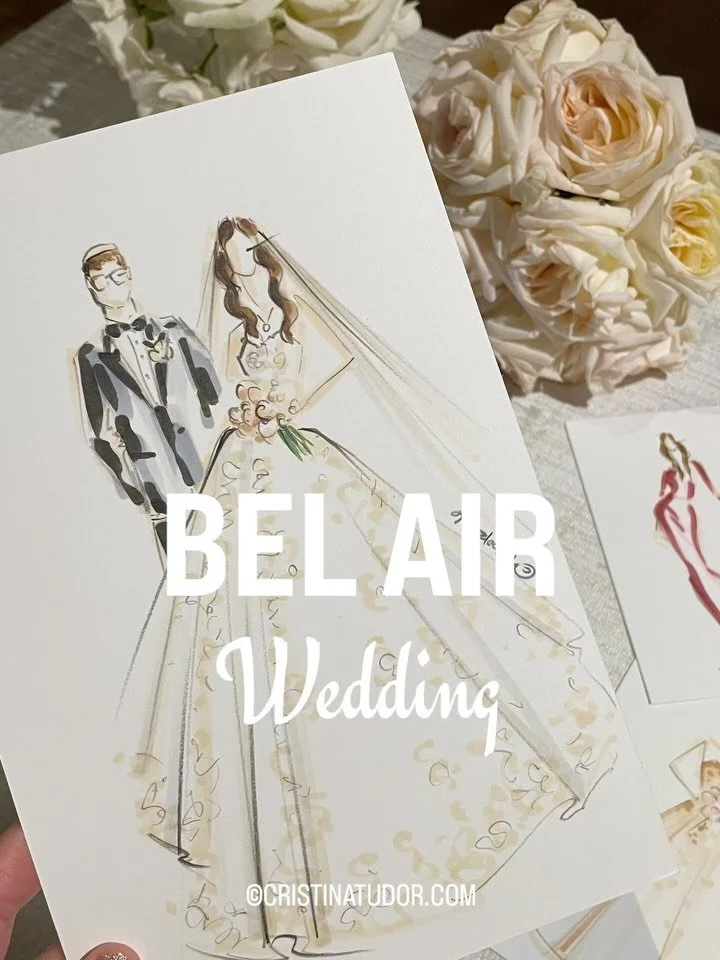 Stunning Bel Air Wedding where in just 3-5 min. per person, I sketched 4x6 live fashion illustrations of the lovely bride and groom and their loved ones at @hotelbelair ! For a large volume of guests, where speed is of the essence, I use only the mos