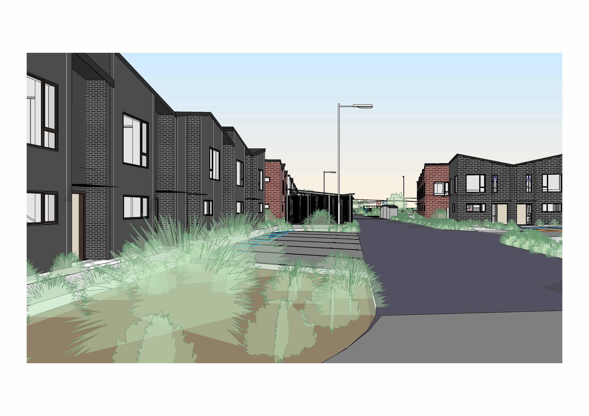 Modern residential buildings with landscaped pathways and streetlights during daytime.