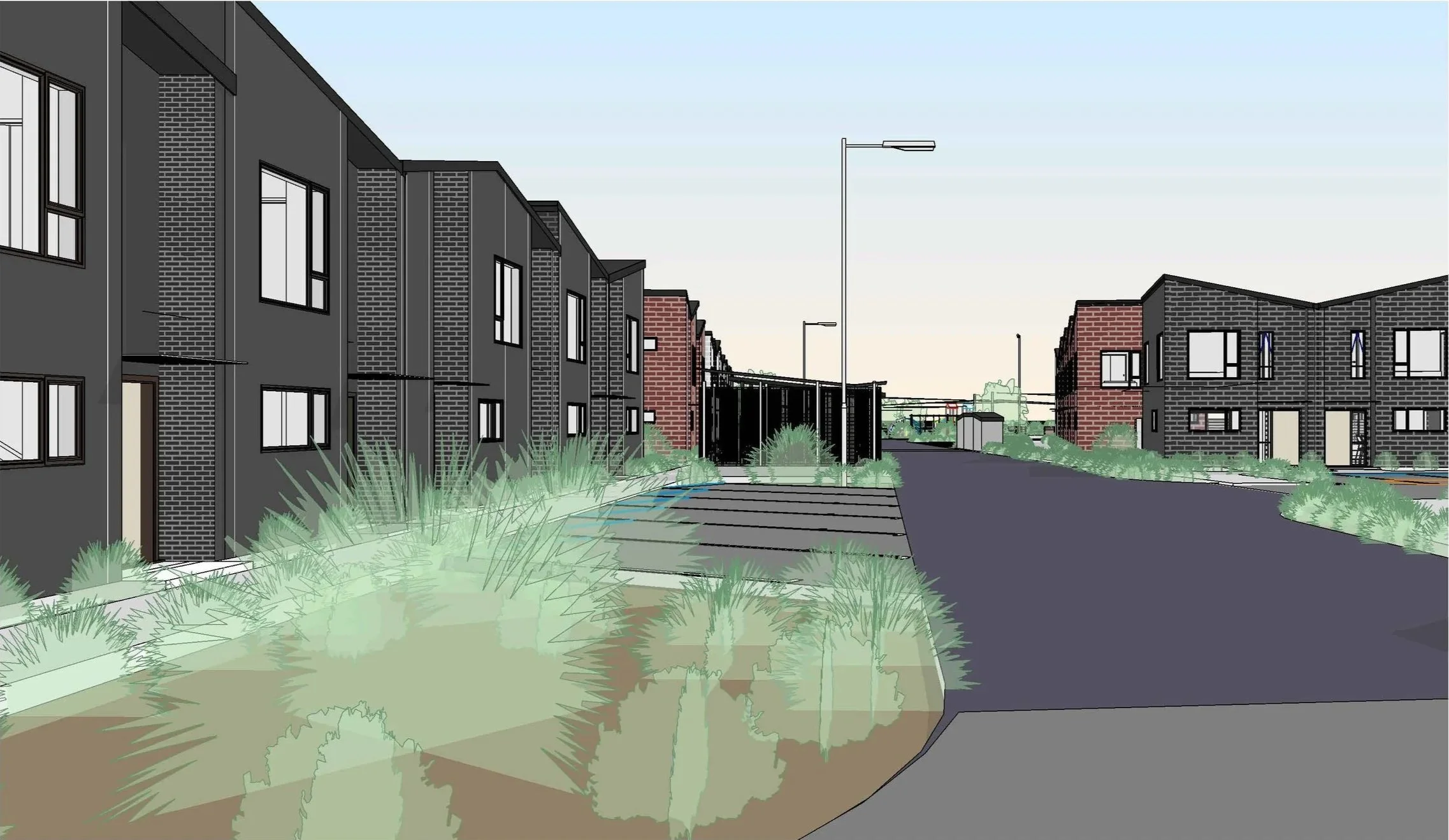 Drawing of a modern residential apartment complex with dark exterior walls, multiple windows, and landscaped pathways with greenery and street lamps.