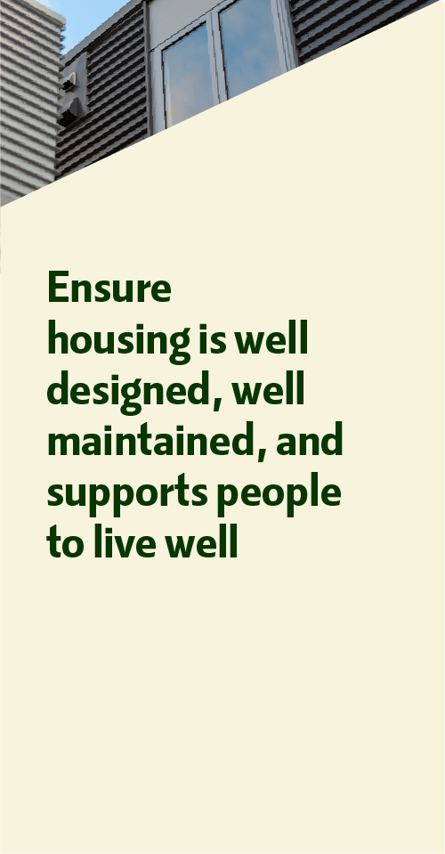 A building with modern architecture featuring large windows and exterior vents, with a partial view of a sign that reads: "Ensure housing is well designed, well maintained, and supports people to live well."