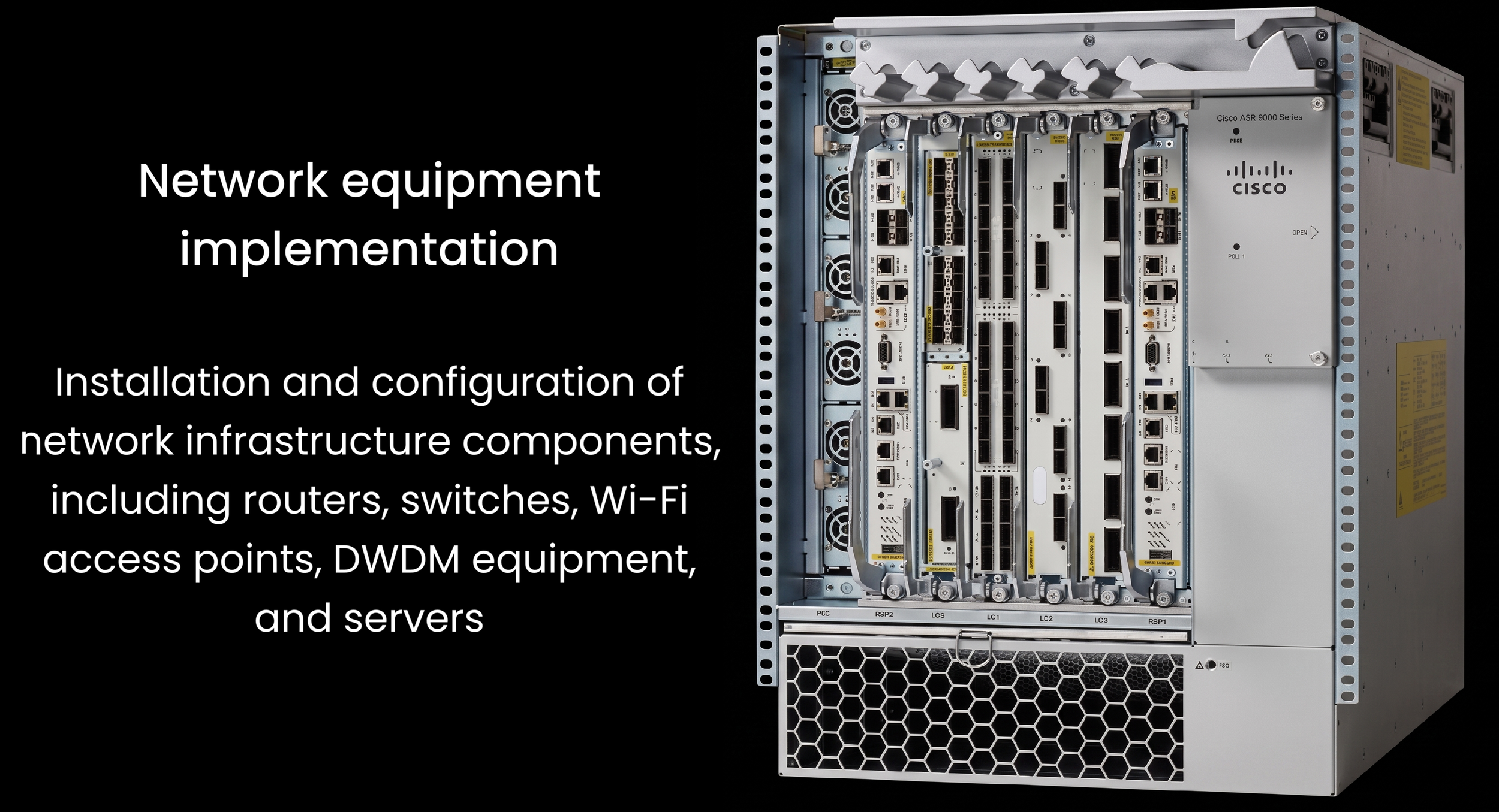 Network equipment rack with routers, switches, and servers for network infrastructure implementation.