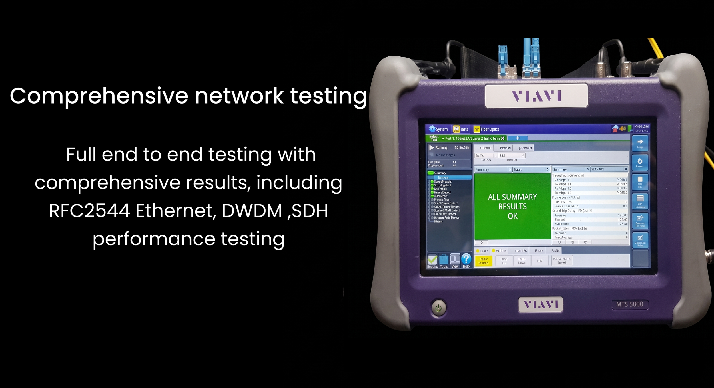 A device used for comprehensive network testing, displaying results on a screen that show all results as OK. The device is a purple and gray cable tester with a digital interface, connected to network cables and with cables plugged into ports at the 