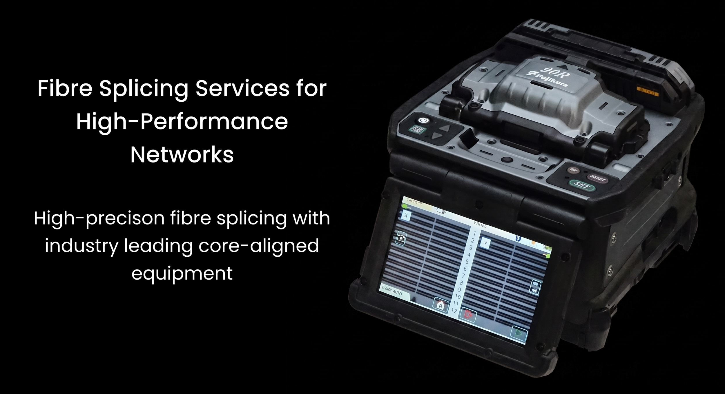 A high-tech fiber splicing machine with a digital screen displaying fiber optic data, set against a black background, with overlay text about fiber splicing services.