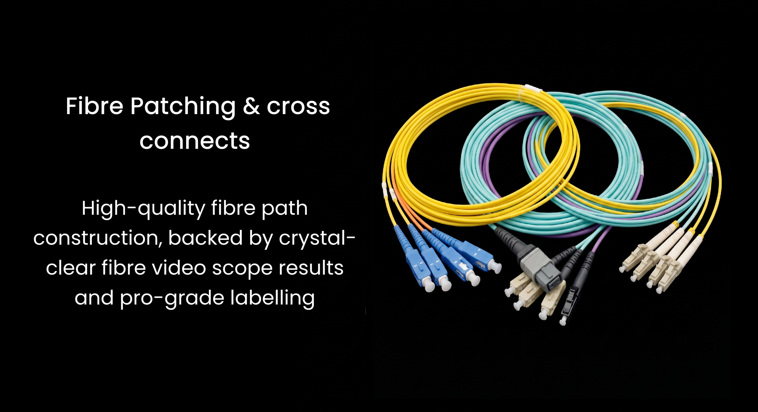 Multiple colorful wire cables, including yellow, blue, purple, black, and white, arranged in loops against a black background, with white text about fiber patching and cross connects on the left side.