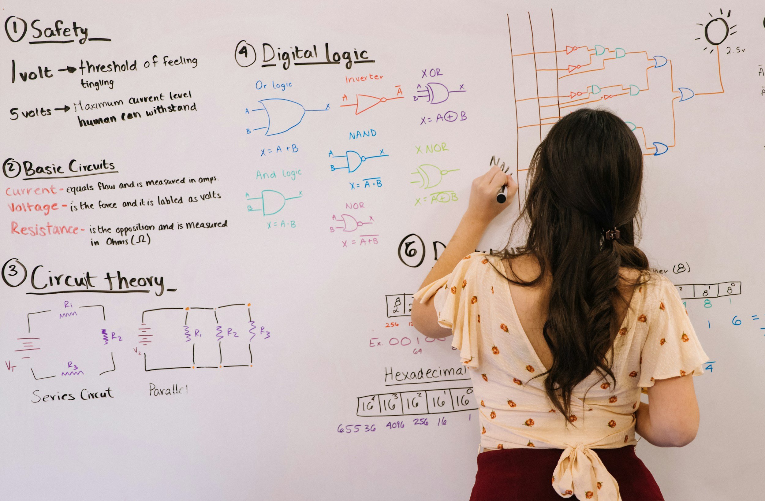 A woman writing on a whiteboard filled with notes and diagrams about digital logic, basic circuits, and circuit theory in a classroom or study environment.