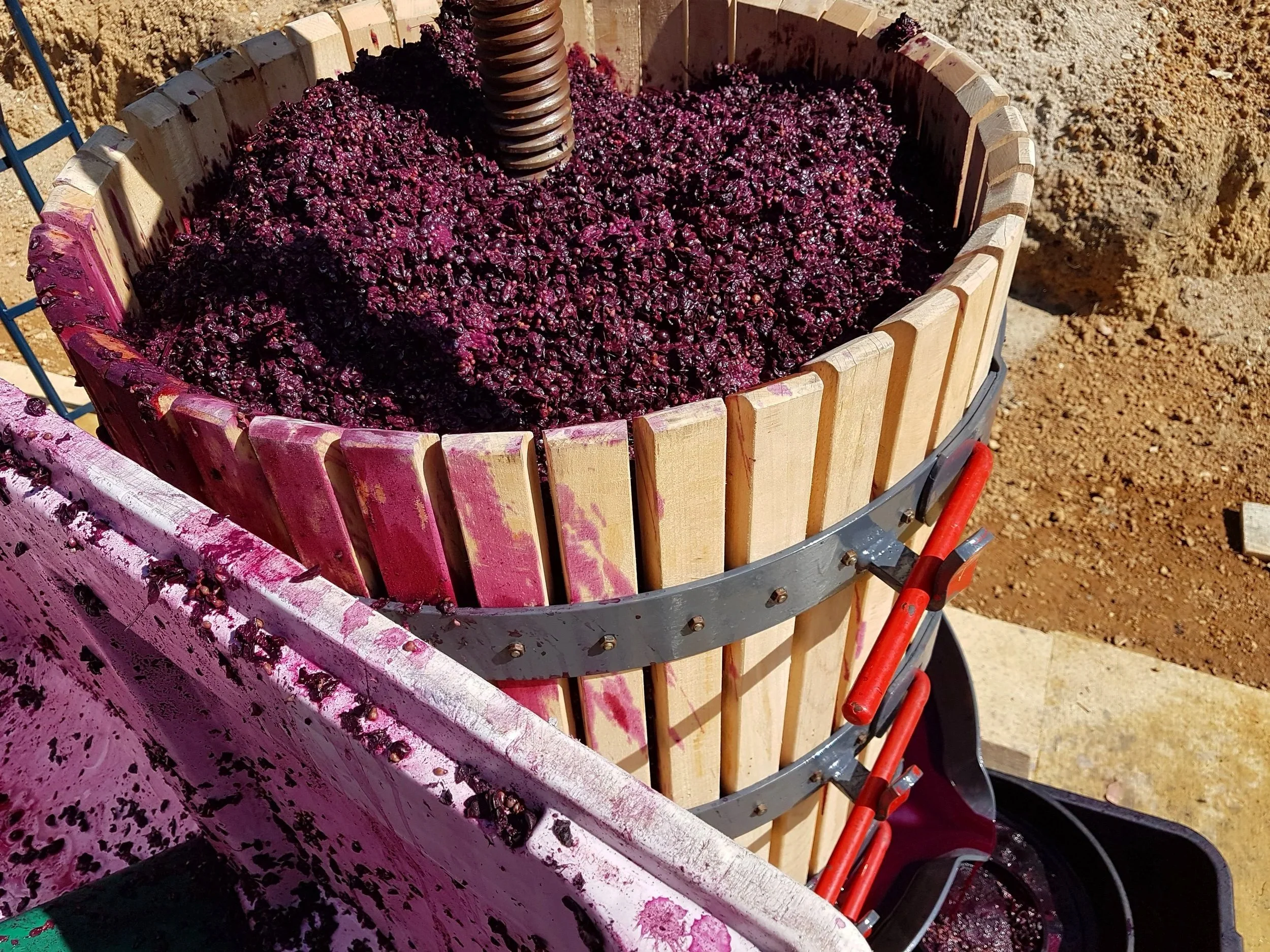 A basket wine press filled with red wine marc, in the process of being pressed.