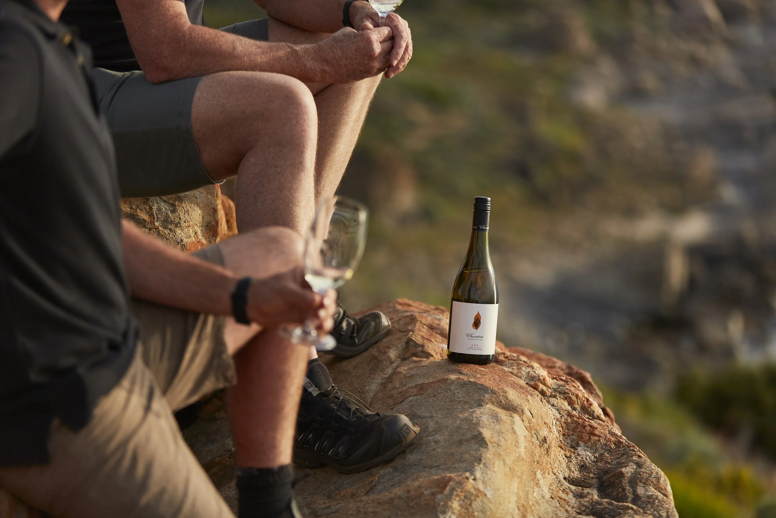 People sitting on rocks with a bottle of wine and two wine glasses outdoors in a natural landscape.